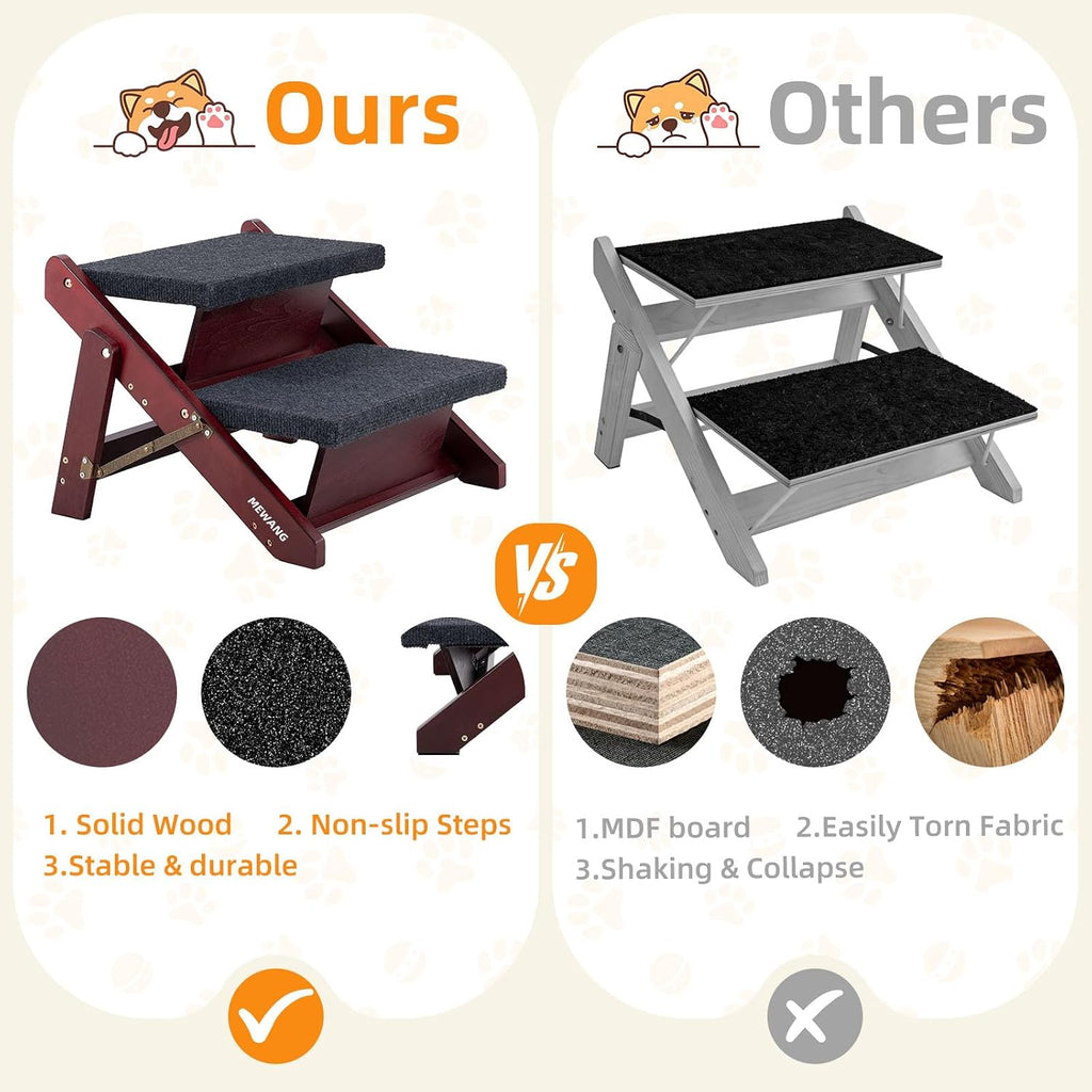 MEWANG Wooden Pet Stairs - 2 Step Foldable Ramp for Senior Dogs & Cats