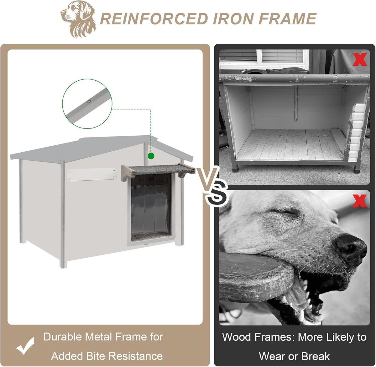 Dog House Outdoor with Reinforced Iron Frame Wooden Kennel