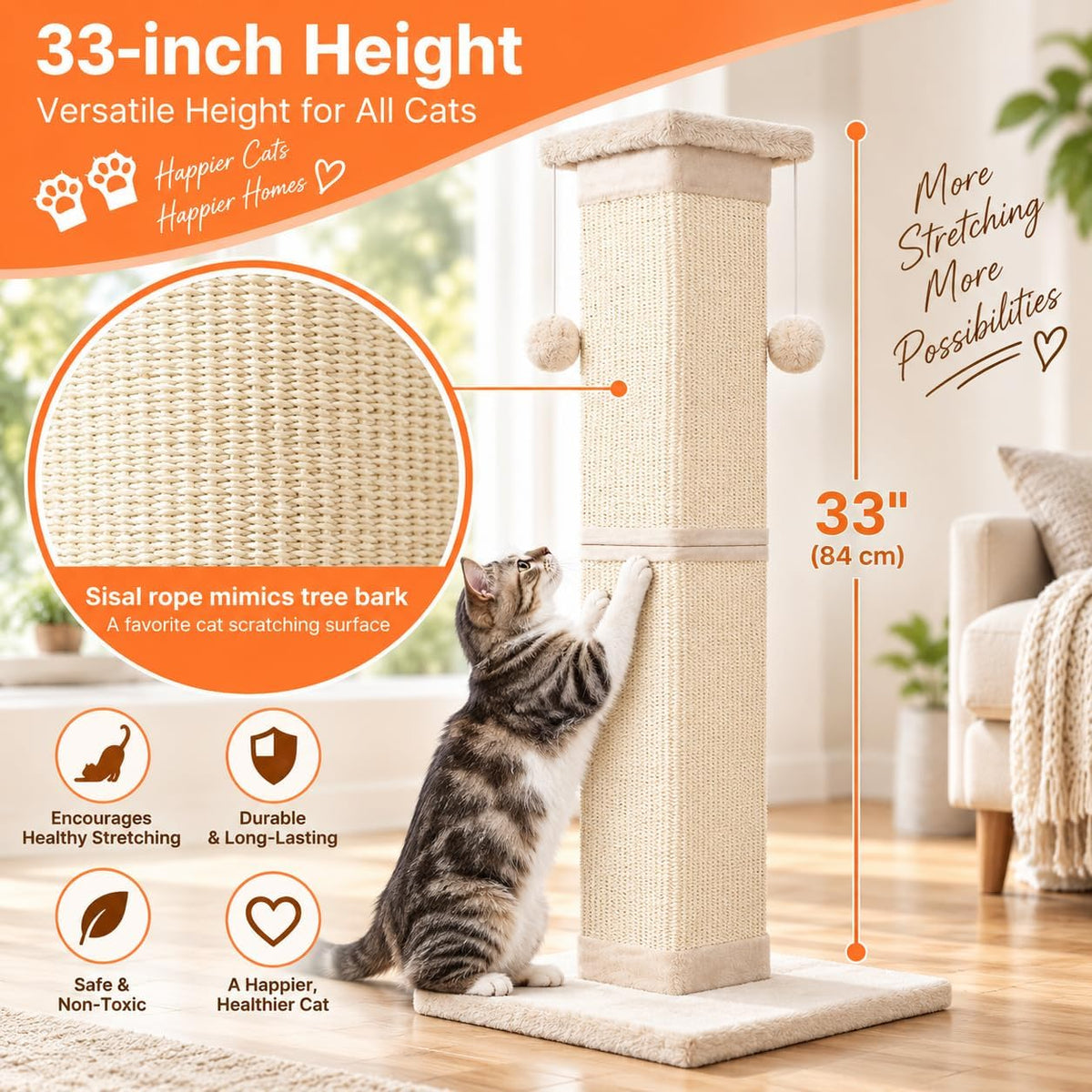 SOCATER Cat Scratching Post 33 Inch, Beige