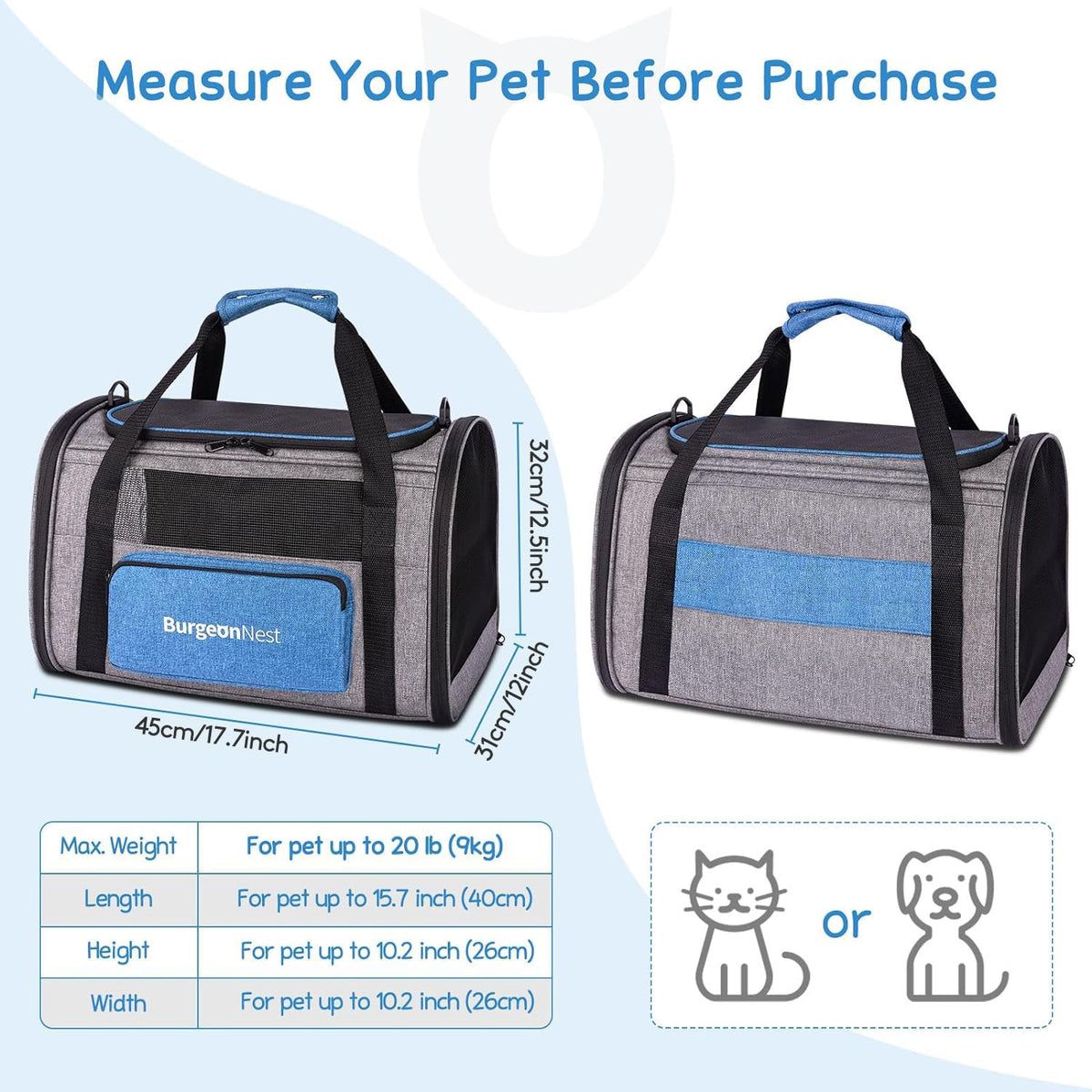 BurgeonNest Soft Sided Cat Carrier for Medium Large Cats up to 20 lbs, Blue