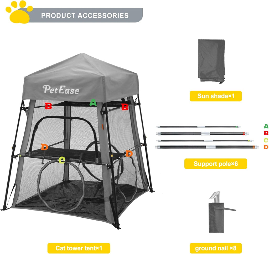 Catio Outdoor Cat Enclosure, 3-in-1 Extra Large Portable Cat Playpen with Tower Tent & Tunnel, Foldable Waterproof Mesh 