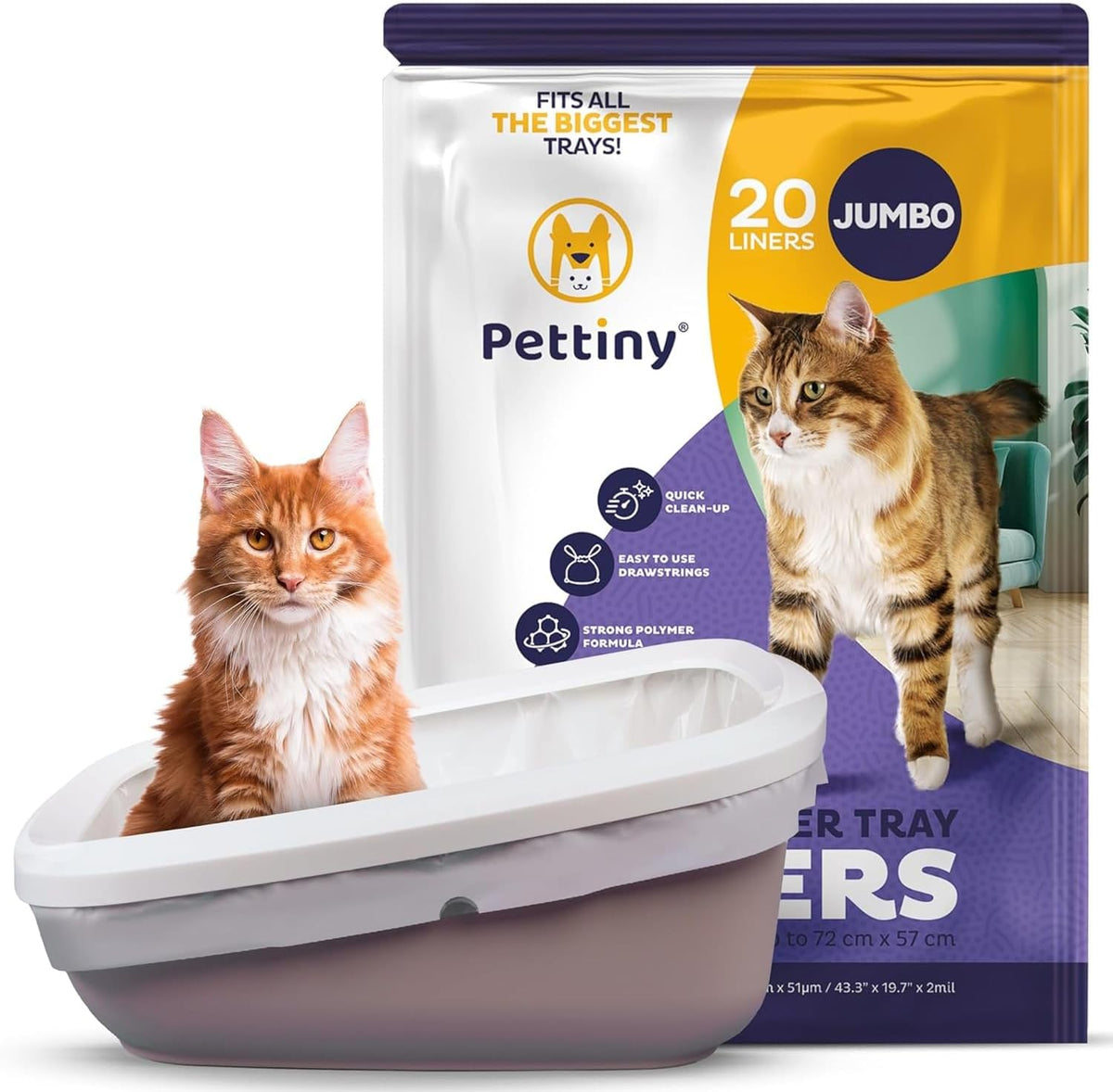 Pettiny 20 Cat Litter Box Liners with Drawstrings - Scratch Resistant Cat Litter Bags for a Medium and Large Litter Pan