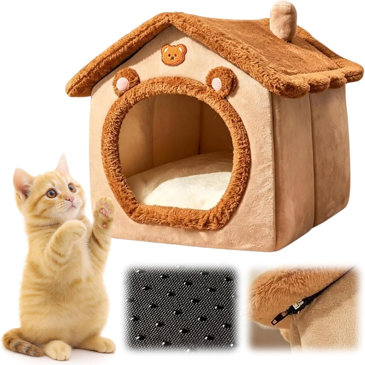 Cute Bear‑Shape Enclosed Pet Cave Bed, Soft Plush Tent House with Cushion
