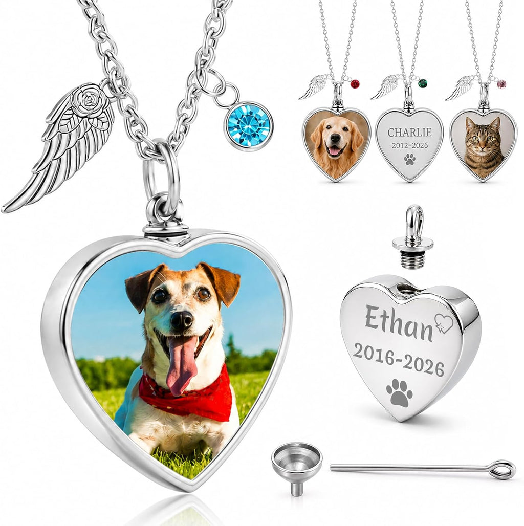 HJX Personalized Pet Ashes Necklace with Photo Text for Pet Lovers