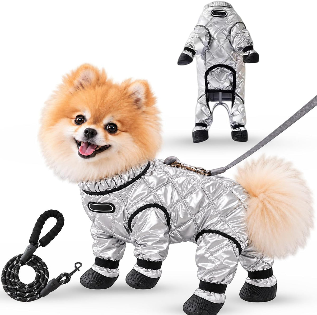 Dog Winter Suit with Boots, Full Coverage Dog Snowsuit，Silver：Large