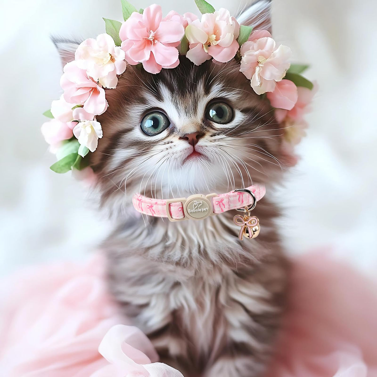 Babole Pet 2 Pack Pink Cat Collars - Spring Summer Breakaway Cat Collar with Bell, Bow and Flower Pendant, Adjustable Kitten Collars for Girl Cats, Cute Pink Plaid &Bow
