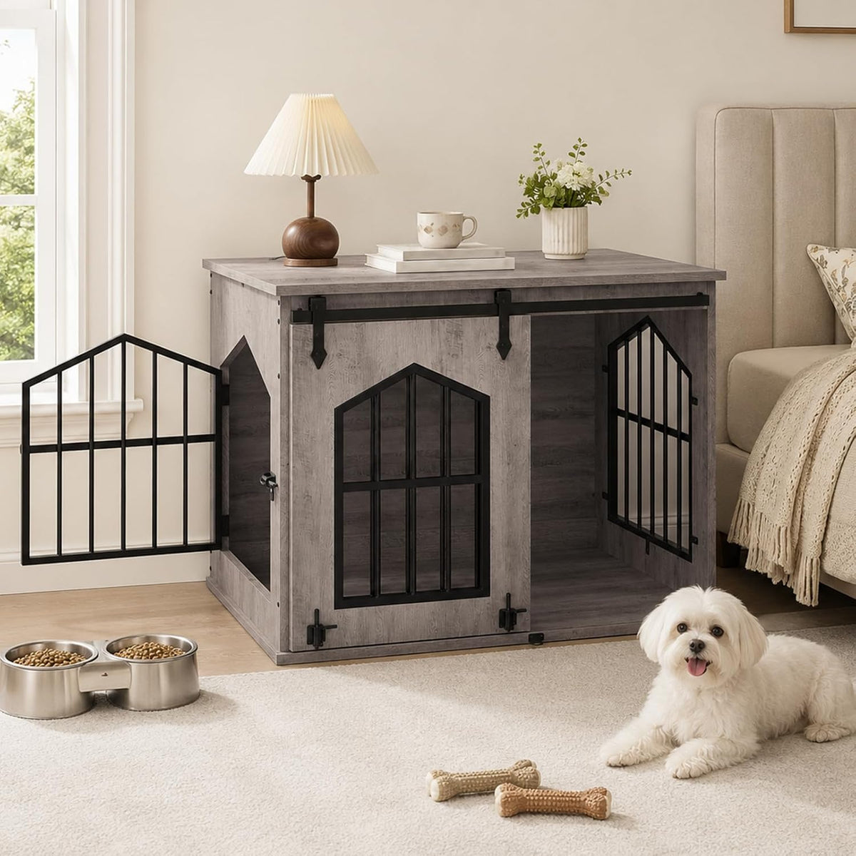 MAHANCRIS Dog Crate Furniture, 31.5" Farmhouse Dog Kennel with Sliding Barn Door, Wooden Dog Cage for Small Medium Dogs,