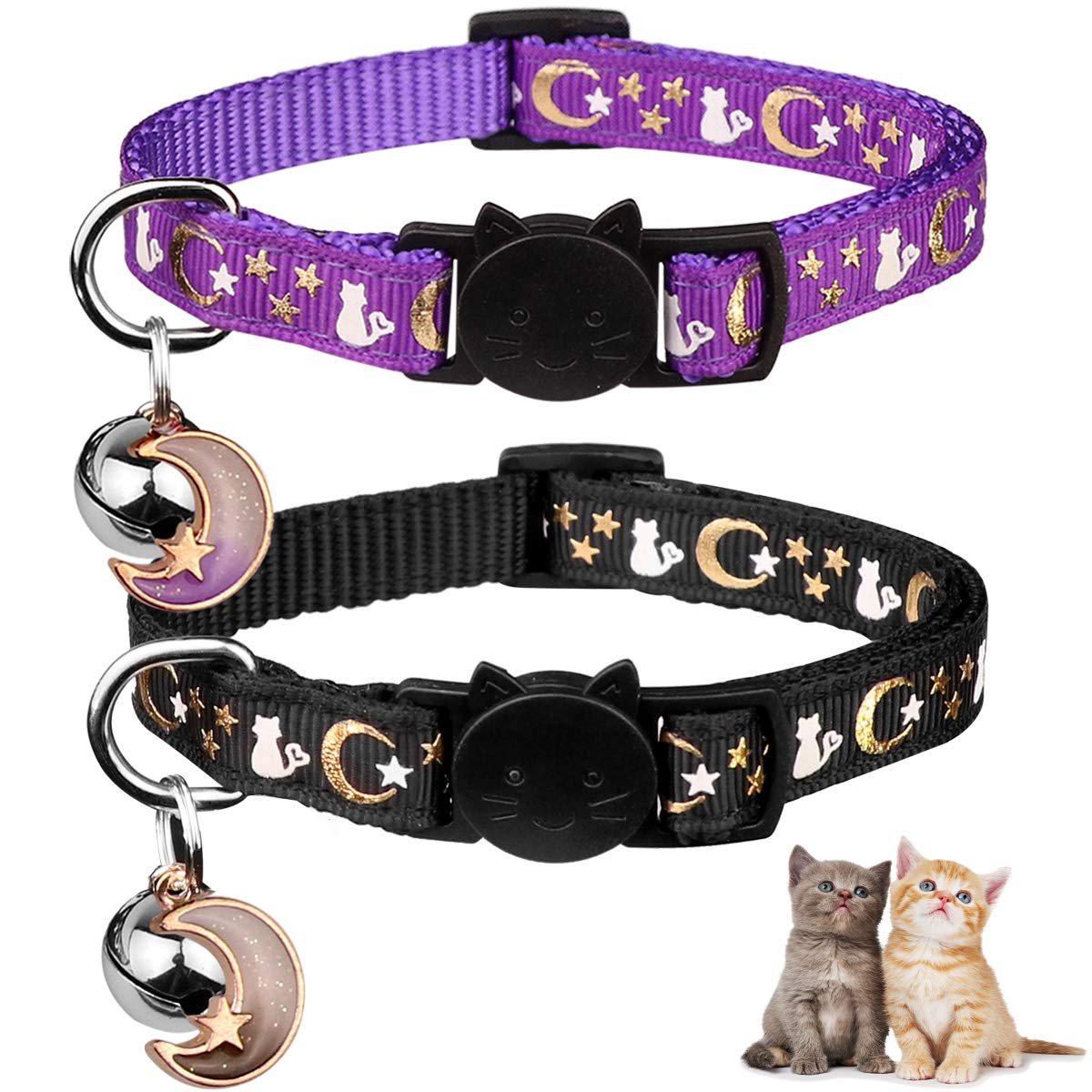 Baeuppit 2PCS Breakaway Cat Collars with Bell Moons Stars Cute Kitty Adjustable Safe Kitten Collars with Pendant Glow in The Dark(Black&Purple)