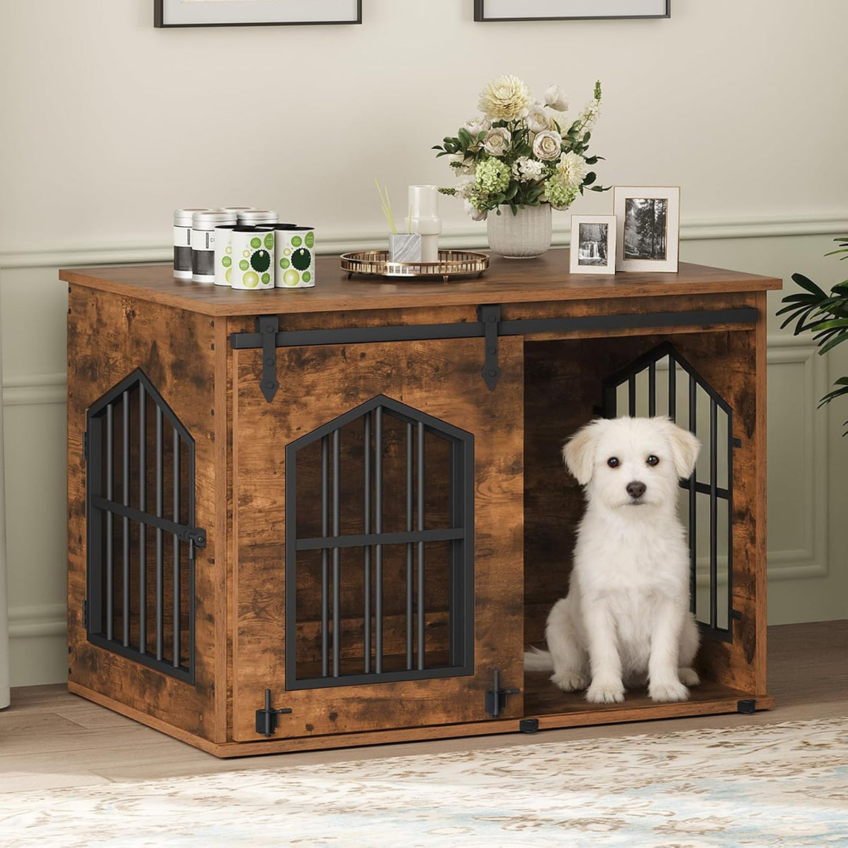 MAHANCRIS Dog Crate Furniture, 31.5" Farmhouse Dog Kennel with Sliding Barn Door, Wooden Dog Cage for Small Medium Dogs,