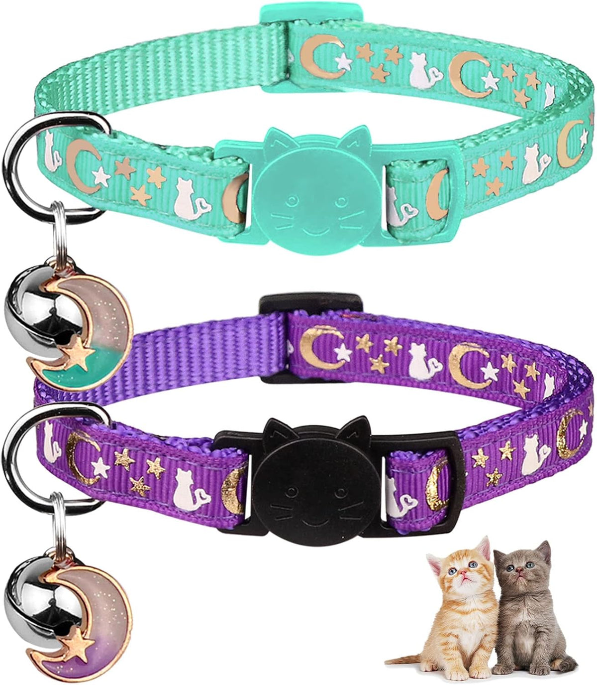 Baeuppit 2PCS Breakaway Cat Collars with Bell Cute Kitty Glow in The Dark Adjustable Kitten Collars(Grey&Black)