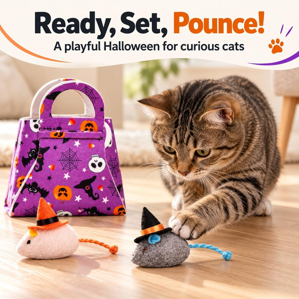 Halloween Cat Toys, 6-Pack Witch Hat Mice with Felt Gift Bag