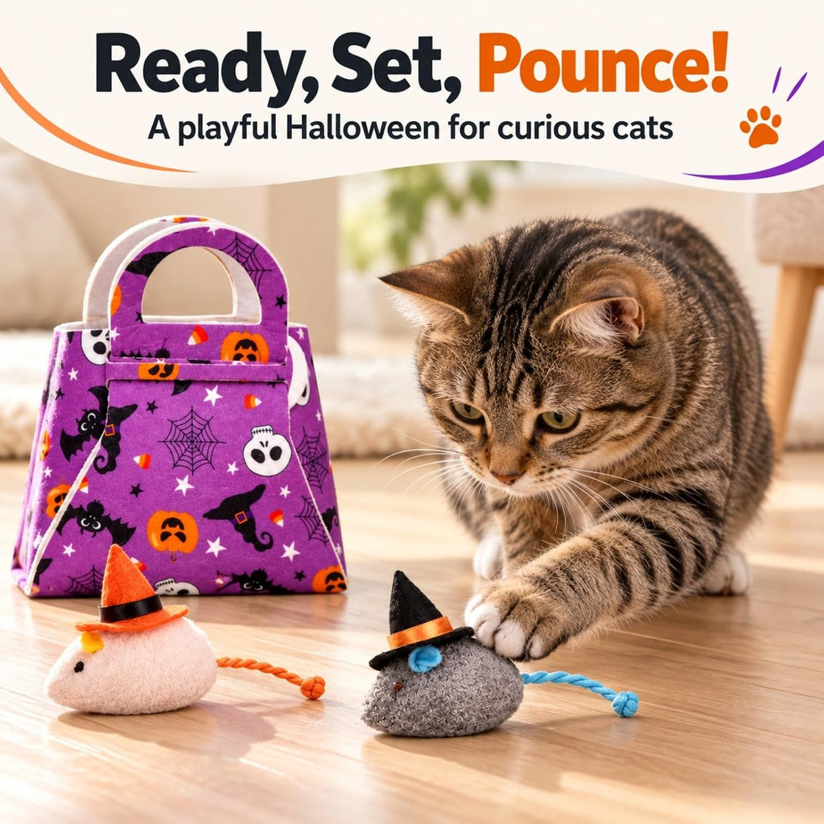 Halloween Cat Toys, 6-Pack Witch Hat Mice with Felt Gift Bag