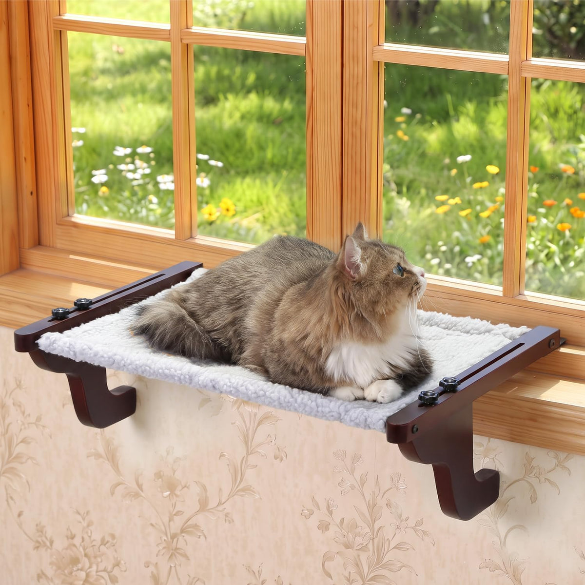 Zakkart Easy Seat Cat Perch for Windowsill (Dark Stained Wood/Gray, M)