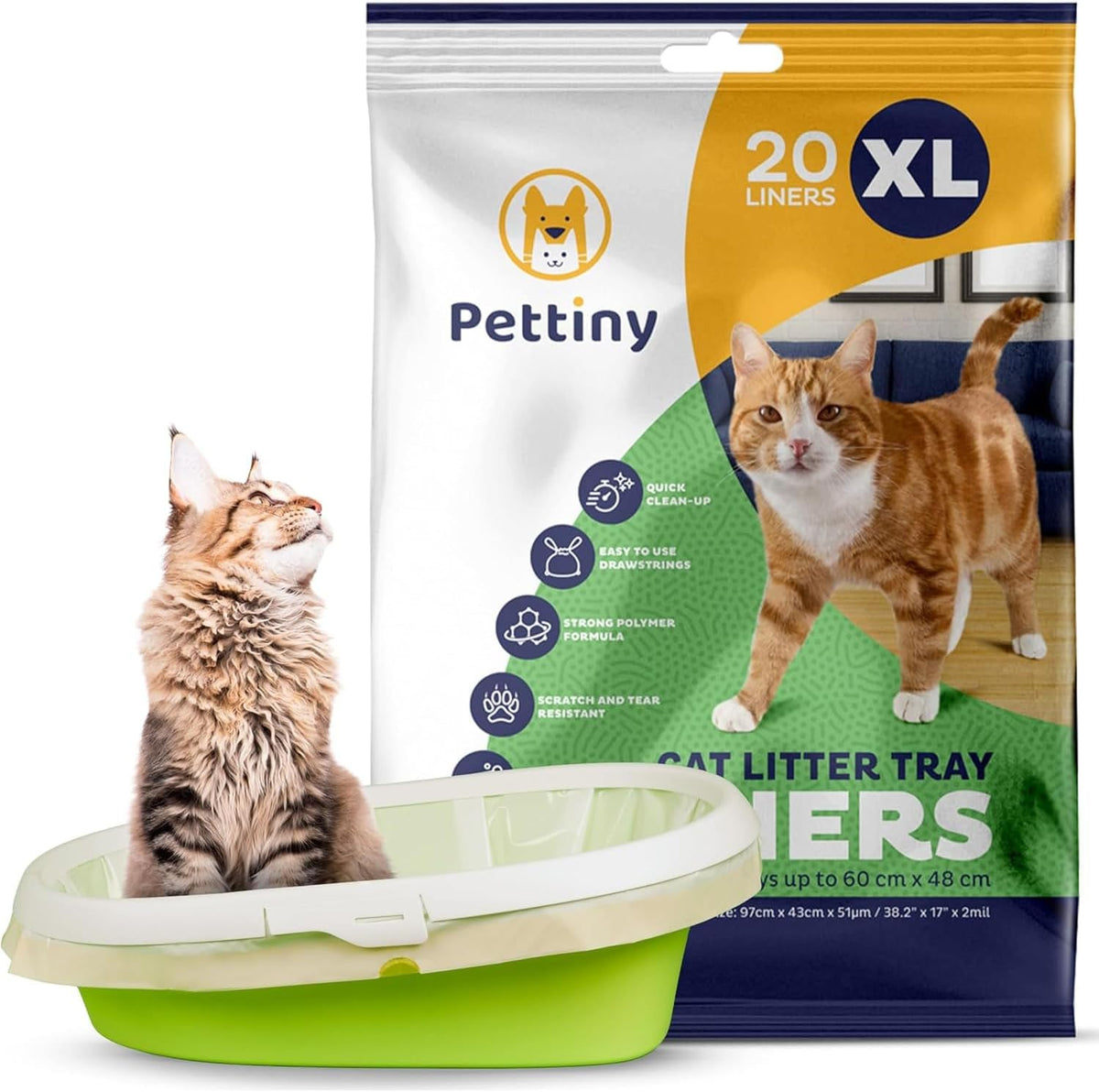 Pettiny 20 Cat Litter Box Liners with Drawstrings - Scratch Resistant Cat Litter Bags for a Medium and Large Litter Pan