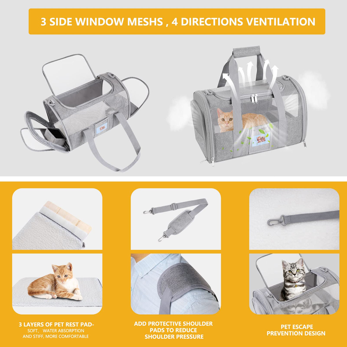 SECLATO Cat Carrier Pet Dog Carrier Airline Approved for Puppy Cat Carrier Under 15 lbs, Collapsible Soft Sided Airline Approved Cat Carriers, Grey