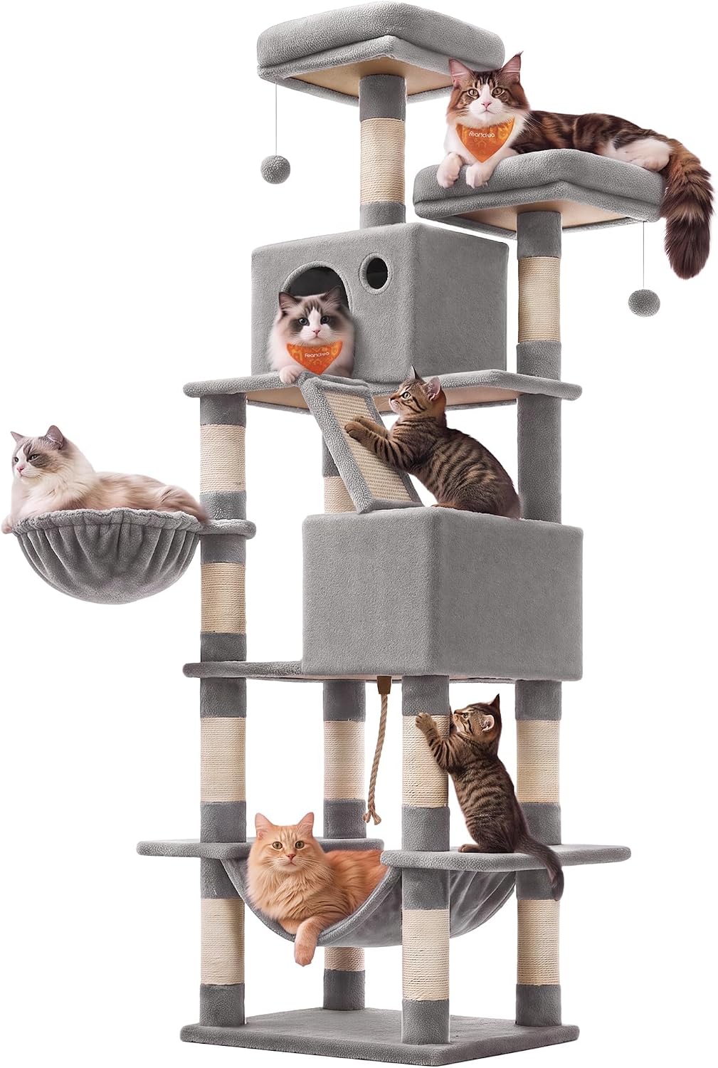 Feandrea Cat Tree, 81.1-Inch Large Cat Tower, Multi-Level Condo, Light Gray