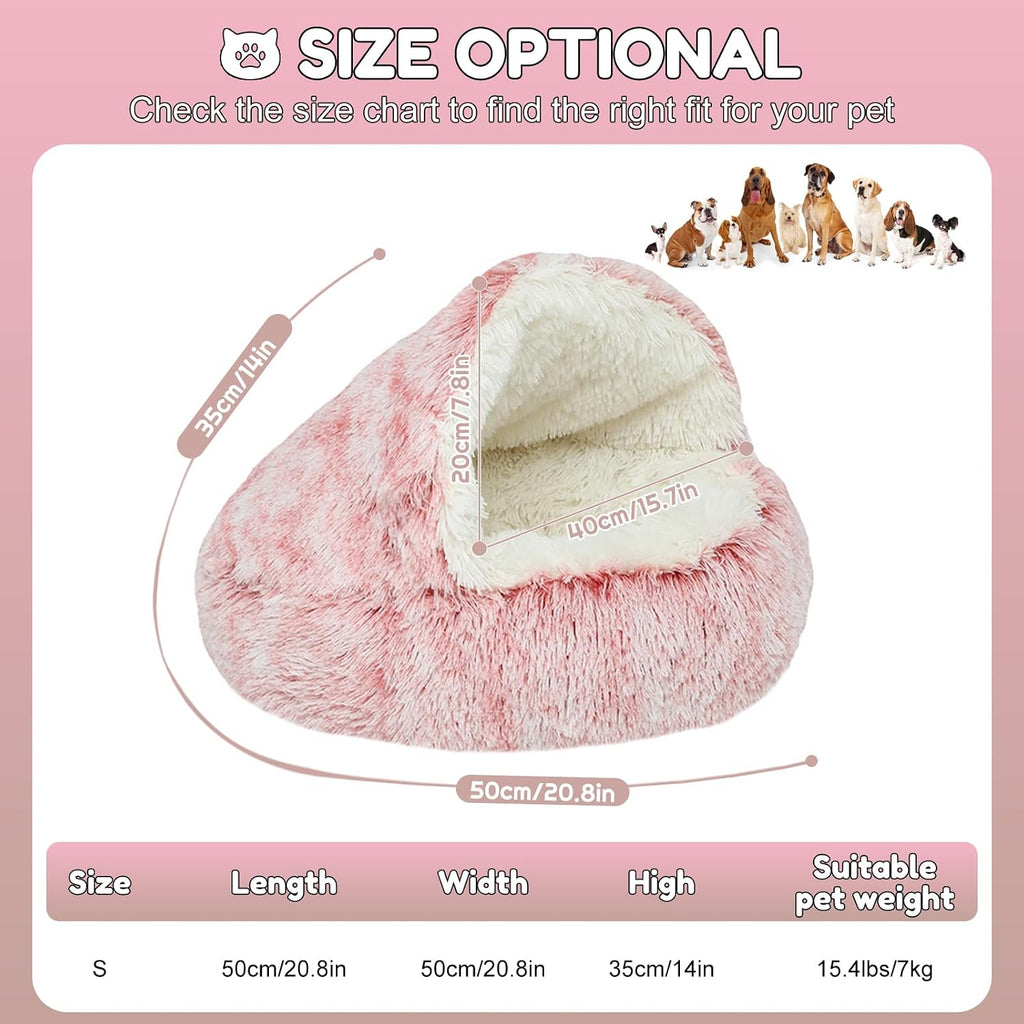 SUOXU Anti-Anxiety Cat Bed, Plush Hooded Cave, 20 in Diameter, Suitable for Small to Medium Pets, Pink