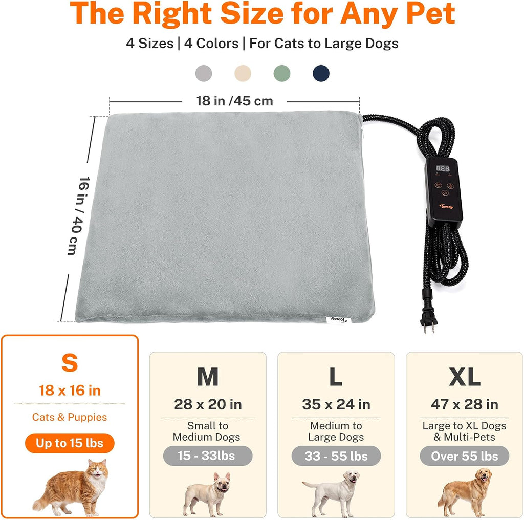 Toozey Cat Heating Pad for Cats & Dogs, Heated Cat Bed Mat, 18x16 in, Grey