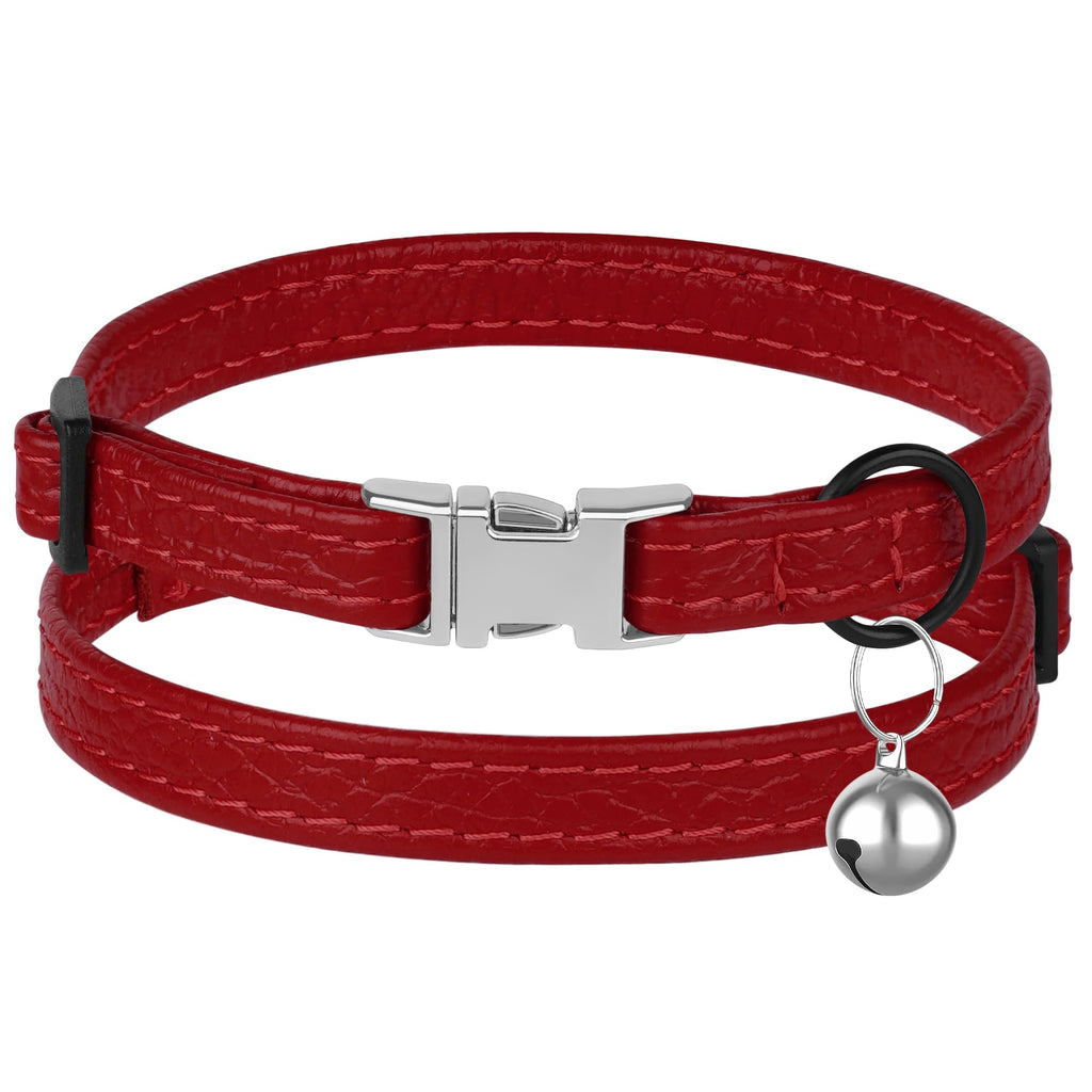 Leather Cat Collar with Buckle and Removable Bell - Non Breakaway Adjustable Soft Safety Small Pet Collars for Girl Boy Cats Kitten (Red)