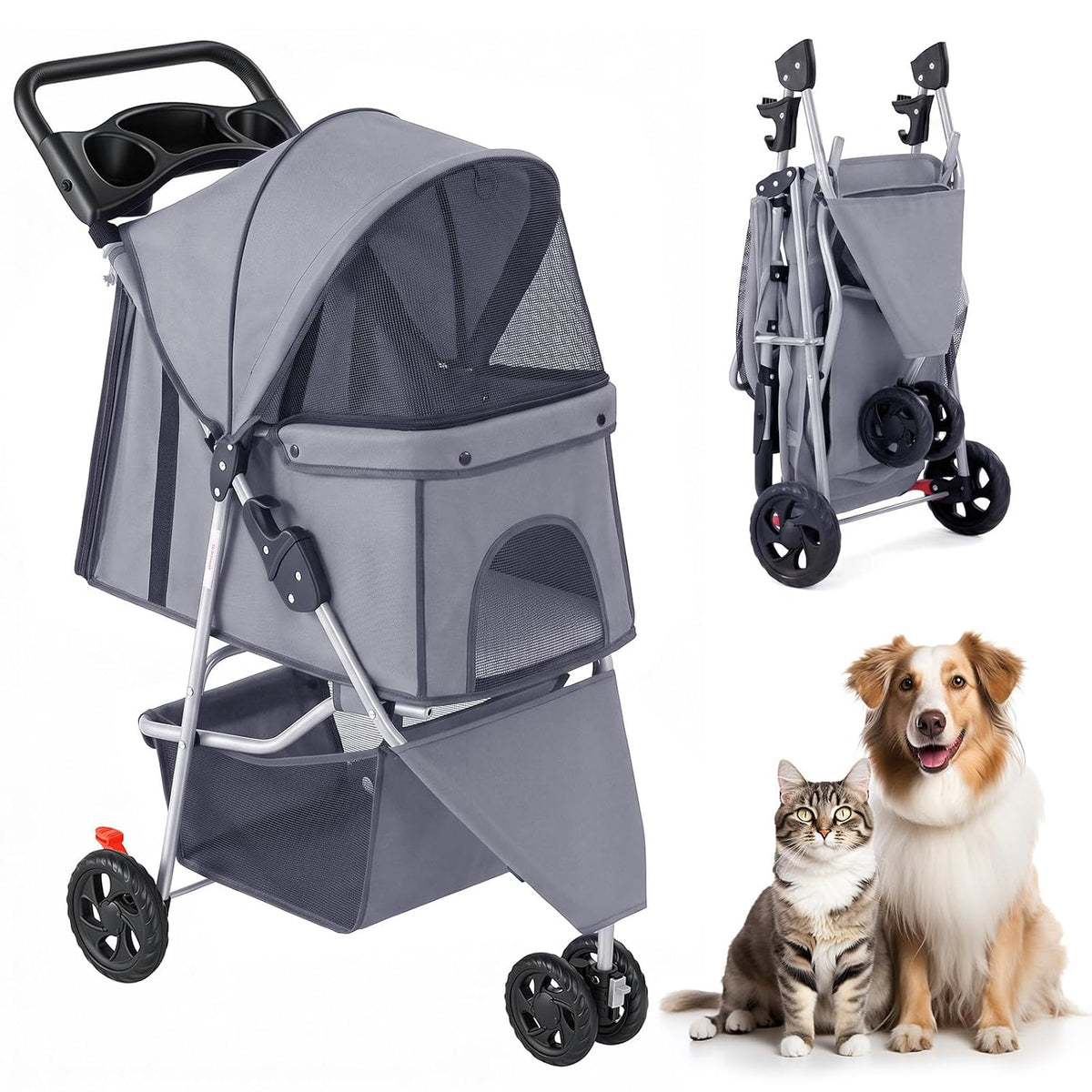 3 Wheel Pet Stroller for Dogs and Cats, Foldable Design