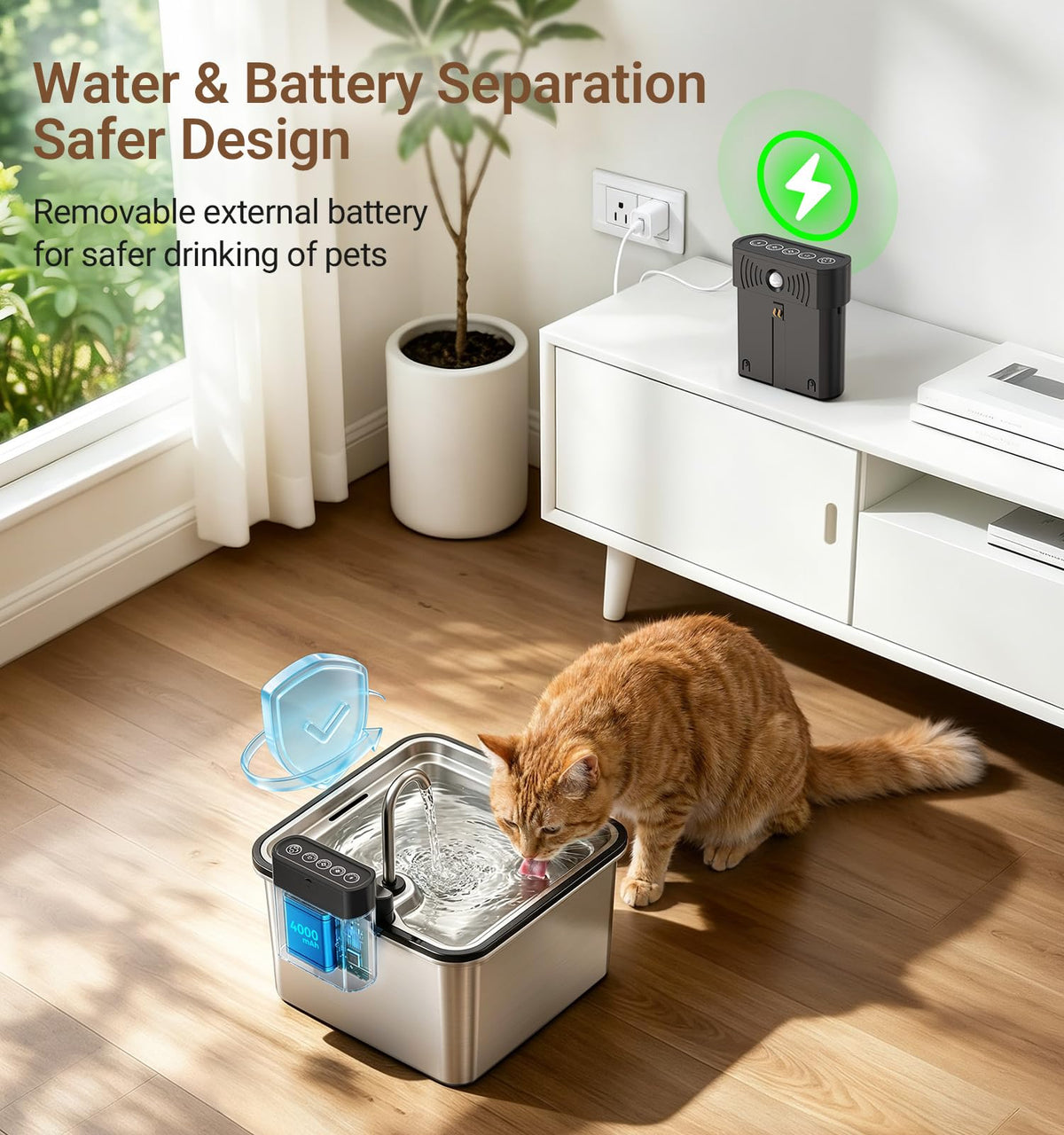 Water & Battery Separation, Wireless Cat Water Fountain, Faucet Design