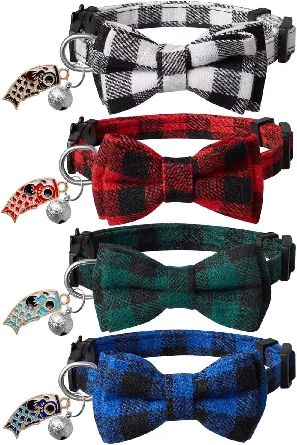 LLHK 4 Pack Christmas Cat Collars with Bow Tie and Bell,Breakaway Kitten Collar for Girl Boy Cats,Adjustable 7-12inch, f