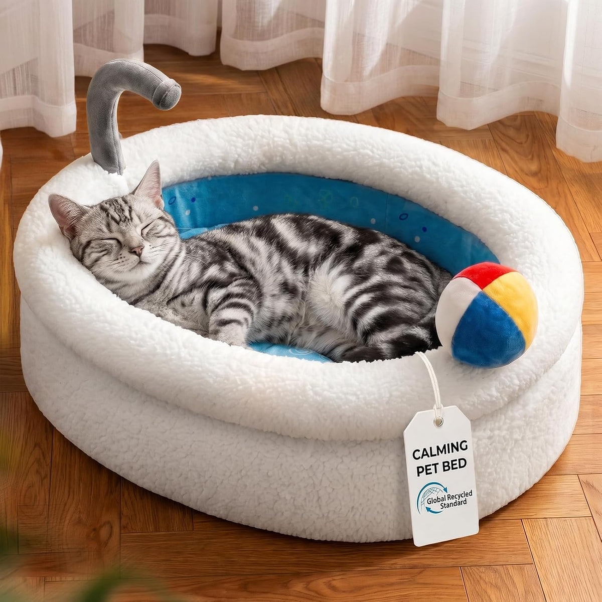 Donut Calming Cat Bed for Indoor Cats, Washable Pet Bed, 21in
