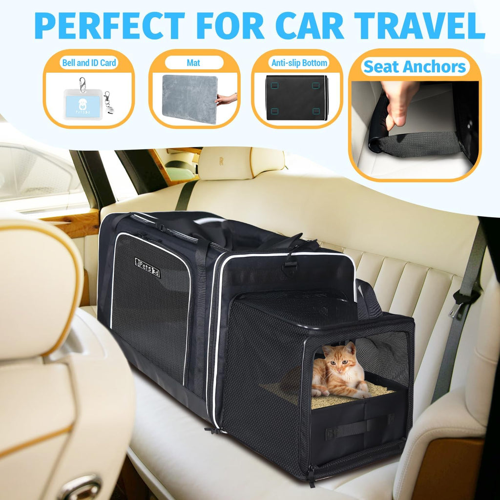 Side Expandable Extra Large Soft Cat Carrier with Litter Box, Black