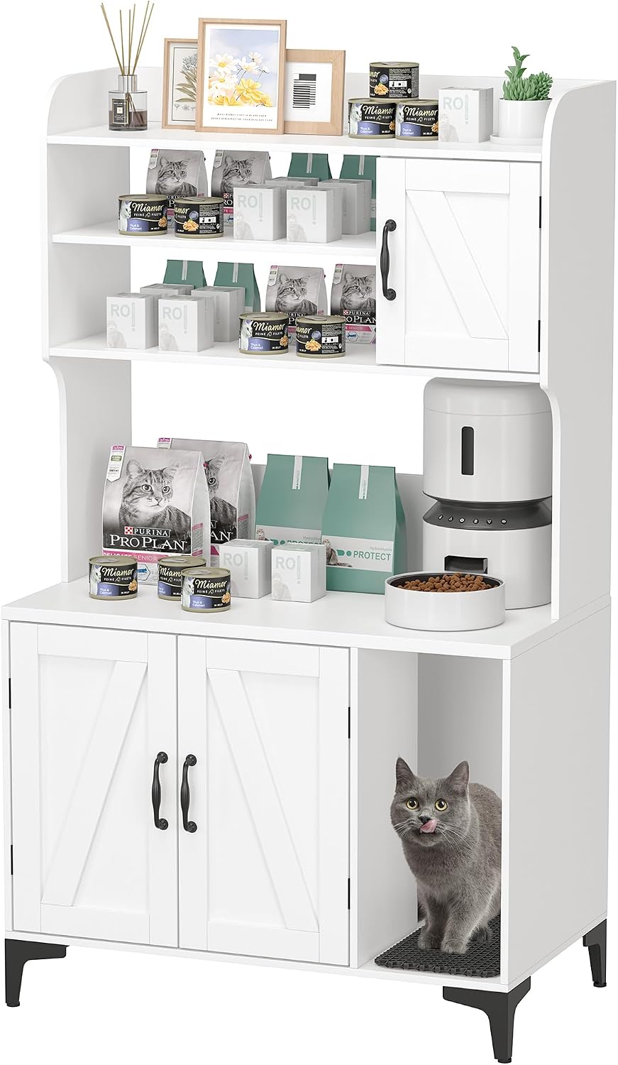 Tall Hidden Cat Litter Box Enclosure Cabinet - 4-Tier Storage Shelves, 2-Door Wood Cat Washroom Furniture, Indoor Cat Ho