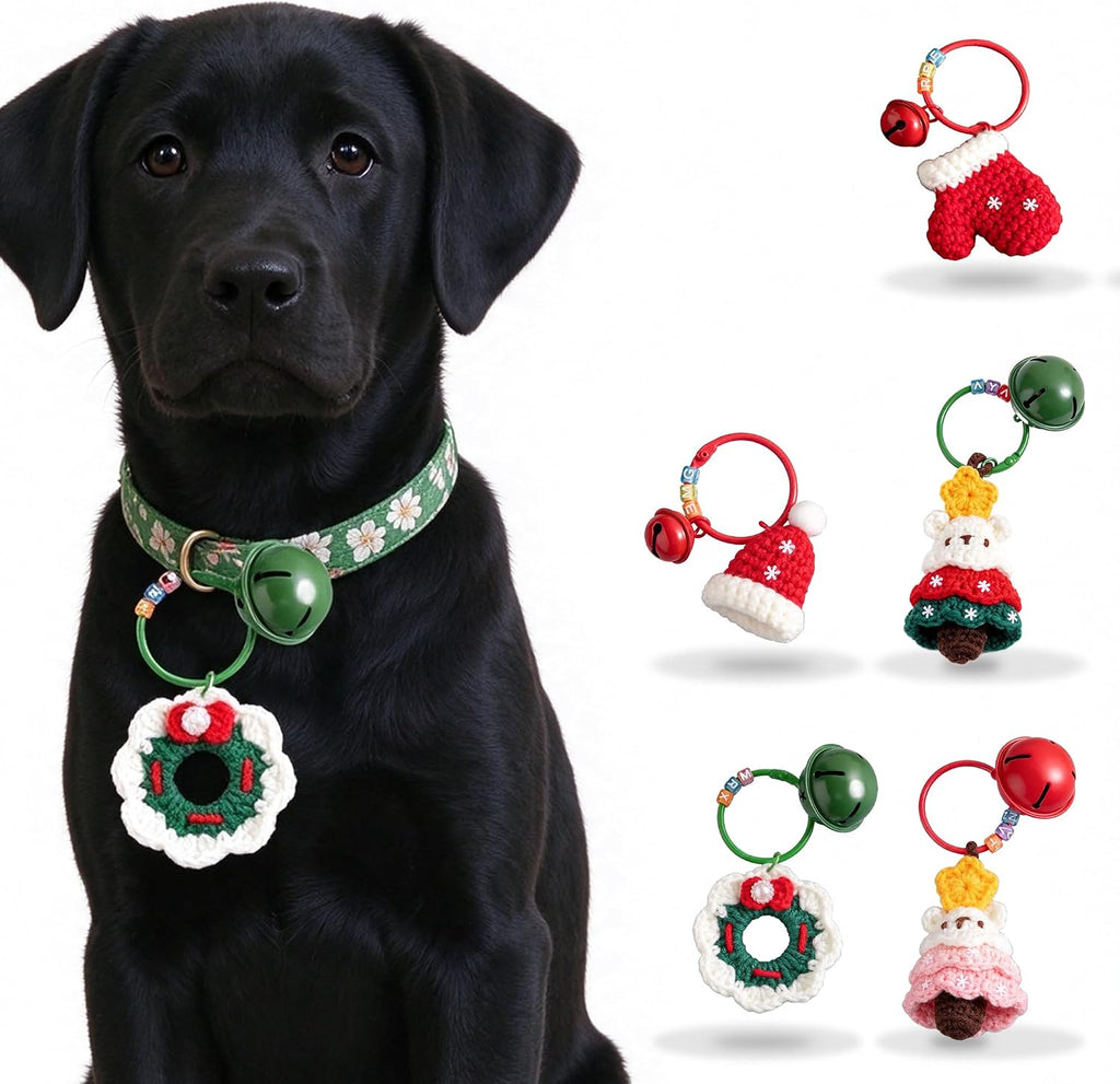 Christmas Pet Collar Charm, Handmade Crochet Cat & Dog Collar Pendant with Bell, Festive Pet Gift and Photo Prop (Gloves