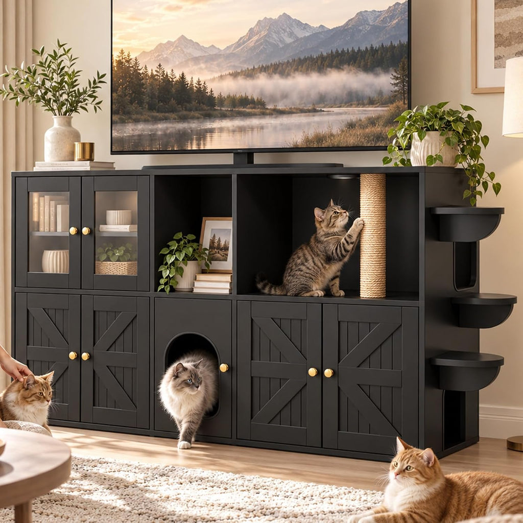 74" Double Cat Litter Box Furniture with Storage, Black