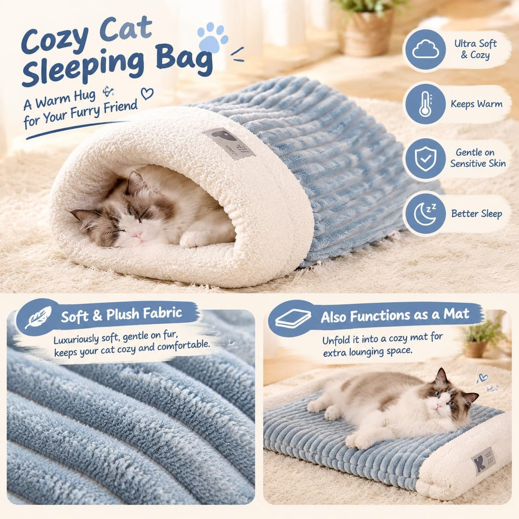 2Pcs Cozy Cat Cave Bed Warm Plush Enclosed Cat Sleeping Bag for Indoor Cats