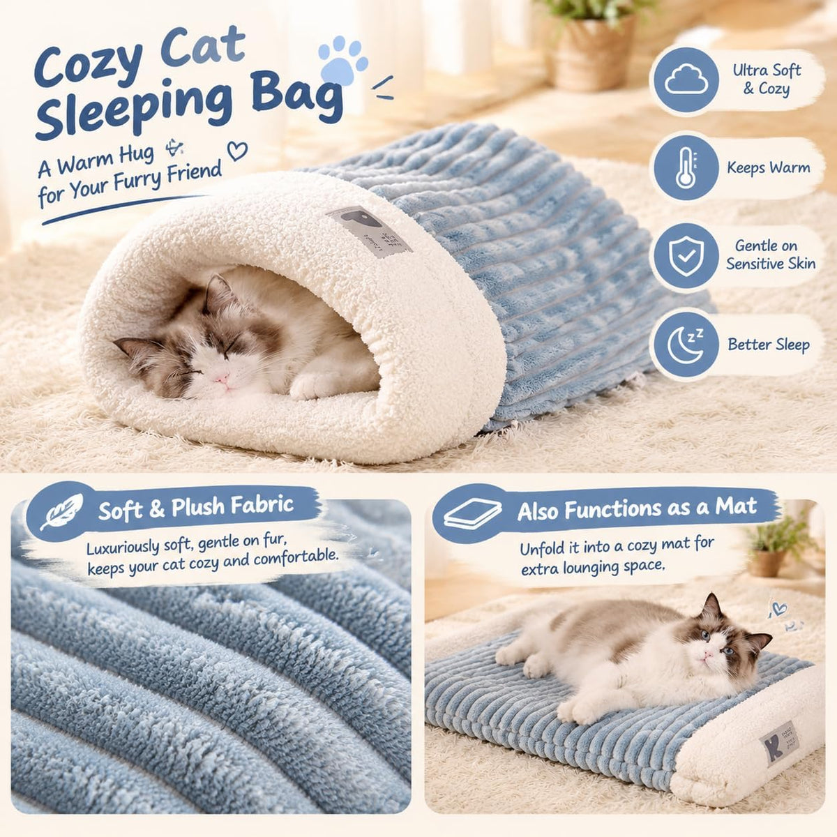 2Pcs Cozy Cat Cave Bed Warm Plush Enclosed Cat Sleeping Bag for Indoor Cats