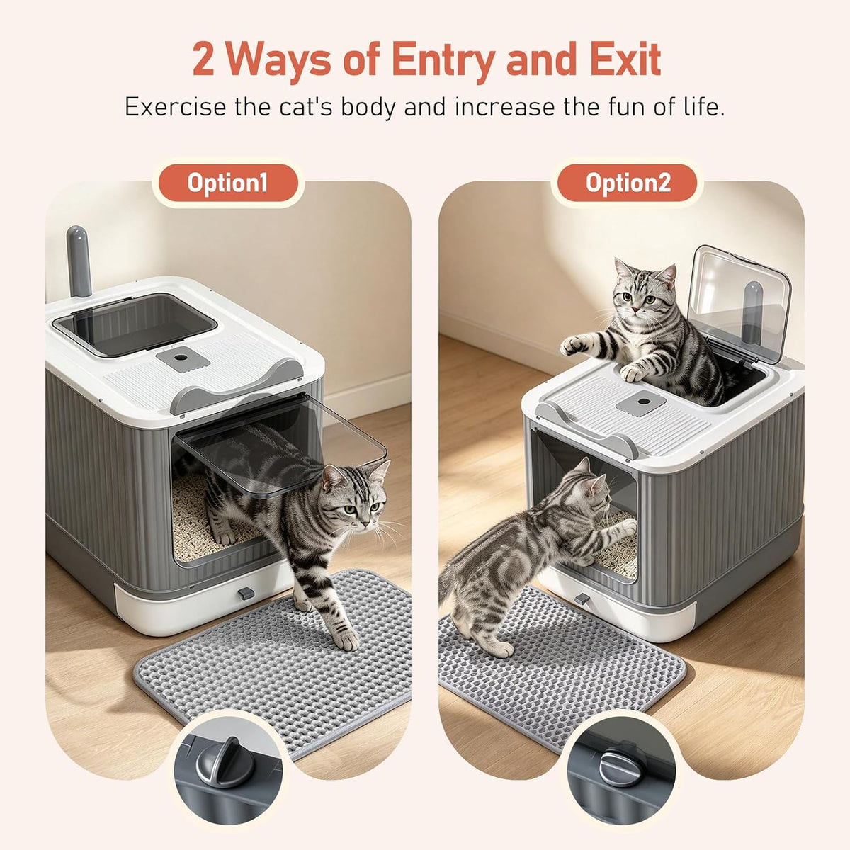 LCZLBRRD Covered Cat Litter Box with Lid for Kitten to Medium, Grey-White