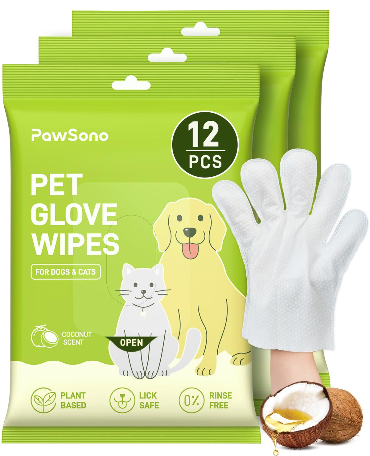 PawSono 36ct Pet Glove Wipes for Dogs, Cats & Small Animals, Coconut Scent