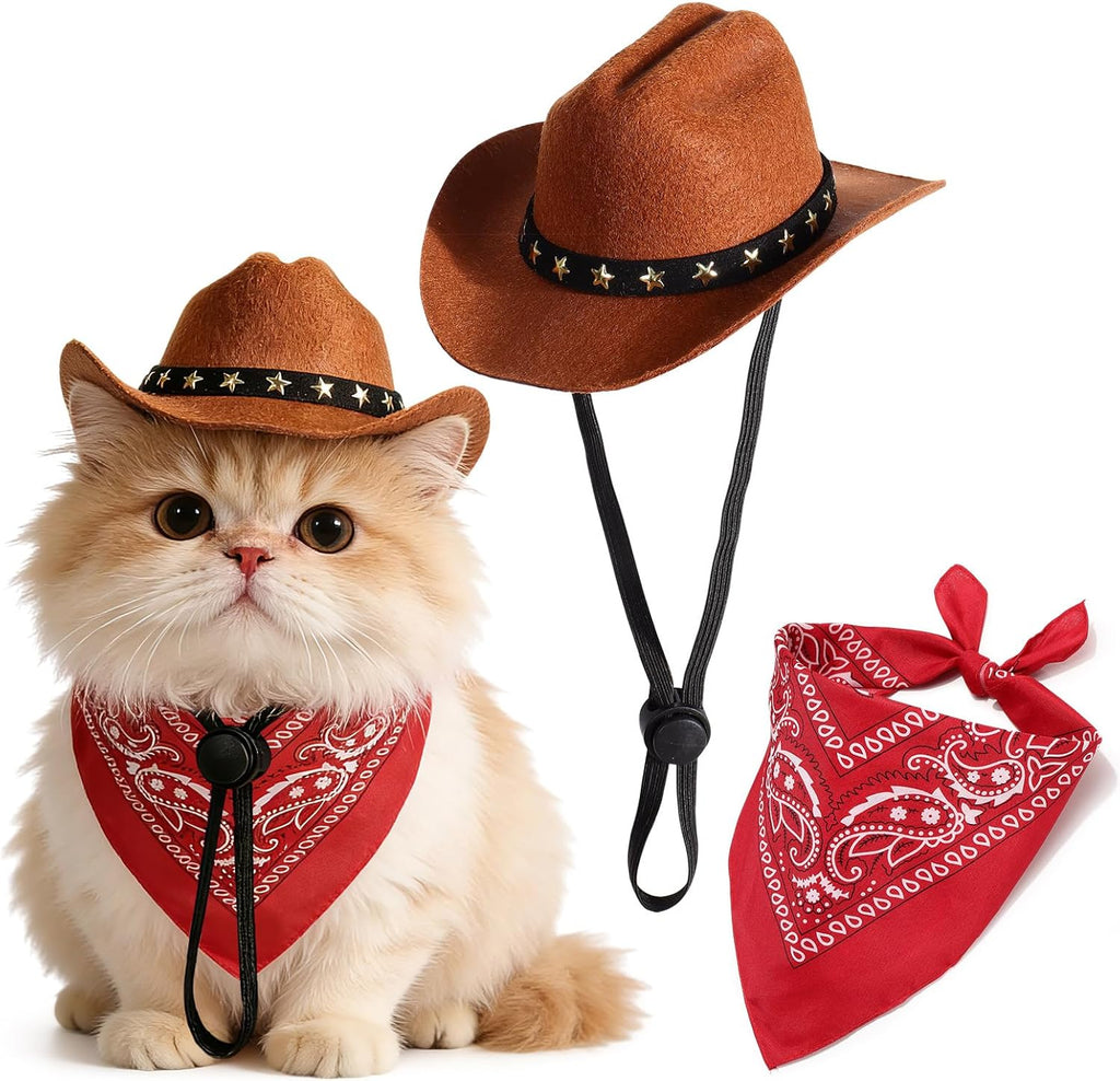 Pet Cowboy Costume, Dog Cowboy Hat with Bandana Scarf, Adjustable Cat Cowboy Hat for Party Cosplay Christmas, Halloween 