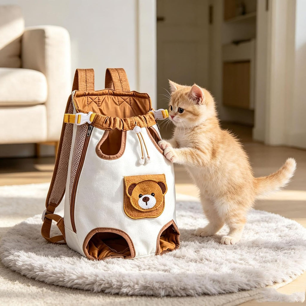 Pet Backpack Carrier, Bear‑Decor Breathable Pet Travel Backpack, Adjustable Hands‑Free Puppy Cat Carrier Bag, Comfort Ou