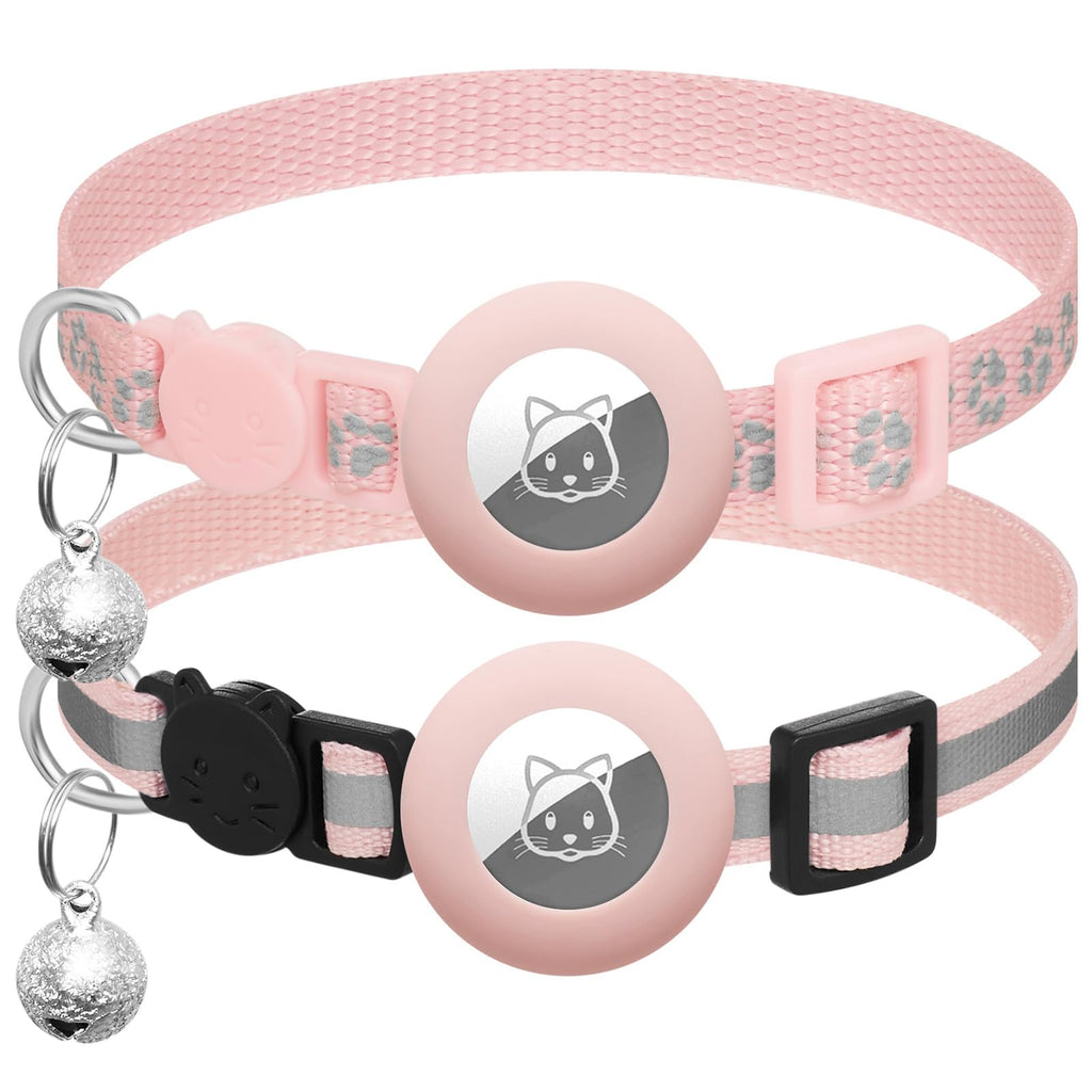 2 Pack Airtag Cat Collar Breakaway with Bell,Reflective Kitten Collar with Apple Airtag Cat Collar Holder,Adjustable 7-12In,Safety Buckle for Girl Boy Cats,Pet Supplies,Accessories,Gifts (Pink)