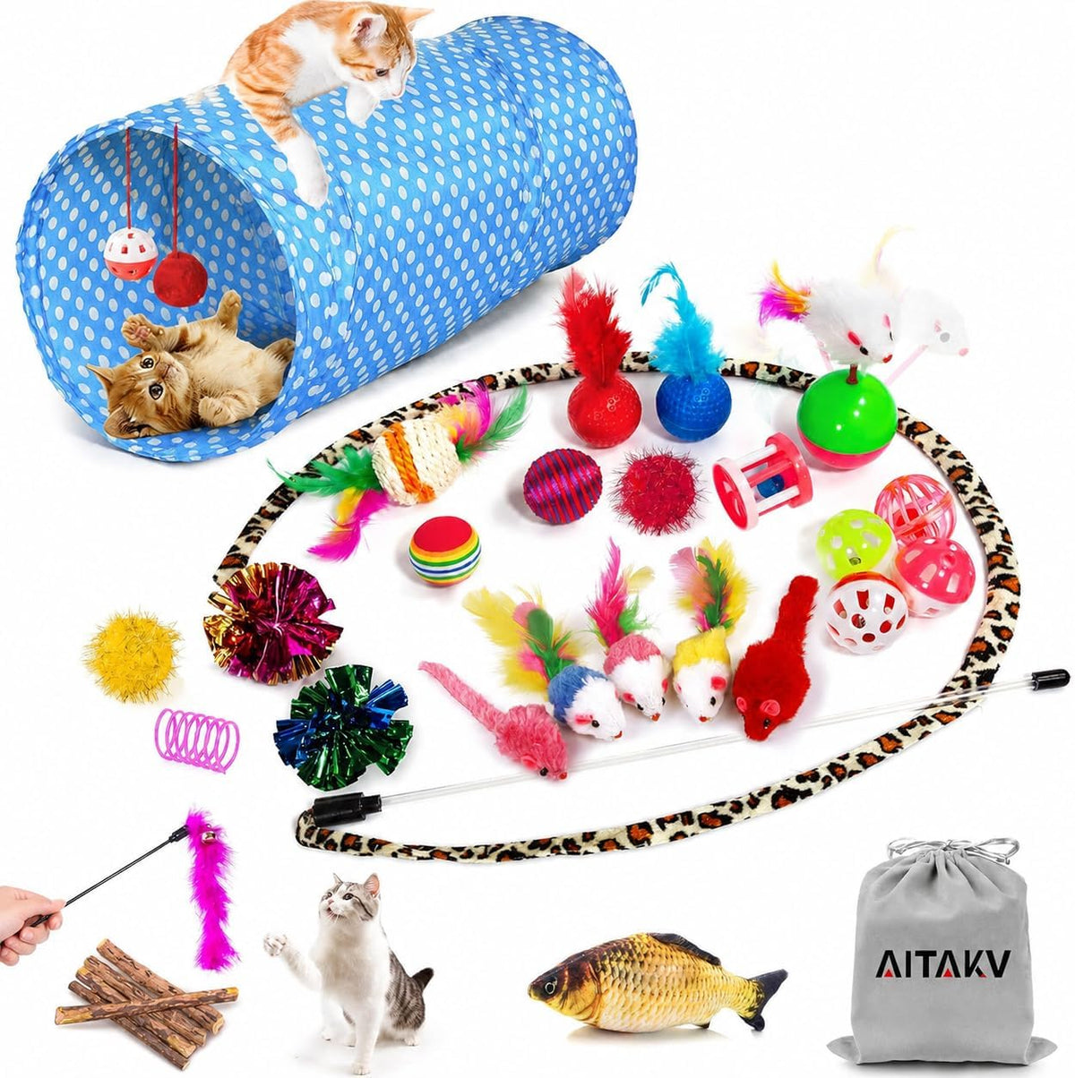 AILUKI 33PCS Cat Toys Variety Pack for Indoor Cats, Kitten Toys Cat Tunnel