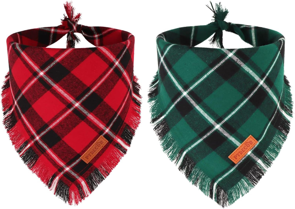 PTDECOR Fall Plaid Dog Bandana with Tassels,Thanksgiving Pet Scarf, Large