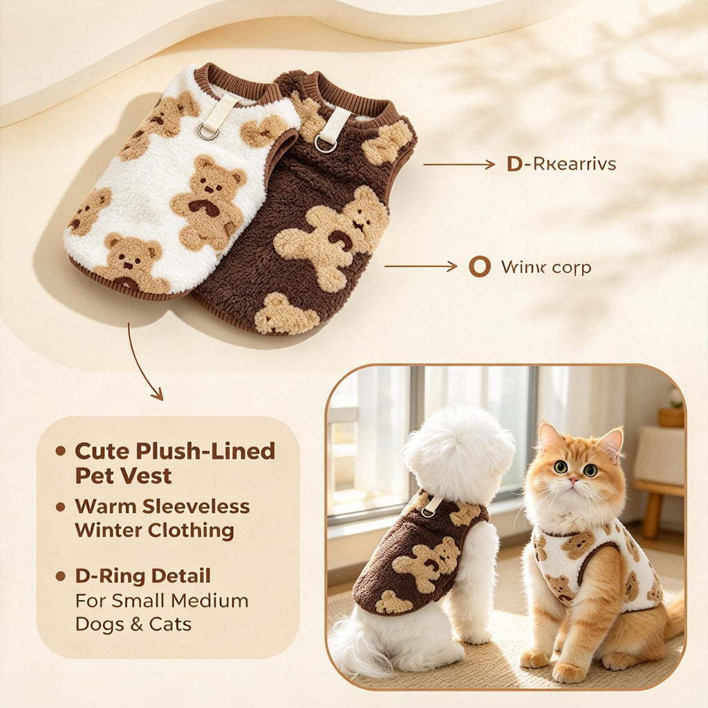 Cute Plush-Lined Pet Vest, Plush Bear Print Dog Vest for Pets，Red：8XL