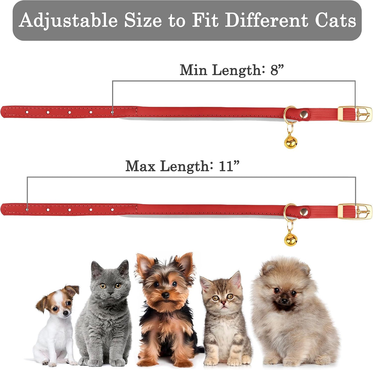 OOPSDOGGY Rolled Leather Cat Collar with Bell - Reflective Kitten Collar with Safety Elastic Strap - Adjustable Small Pe