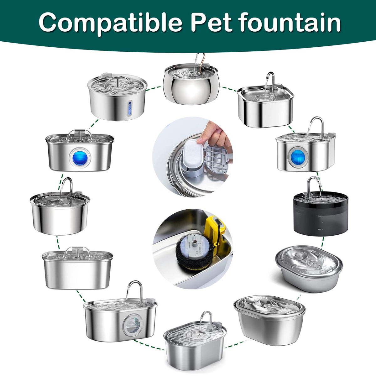 Cat Water Fountain Filter 16Pcs Fit 101oz/3L Stainless Steel Pet Fountain