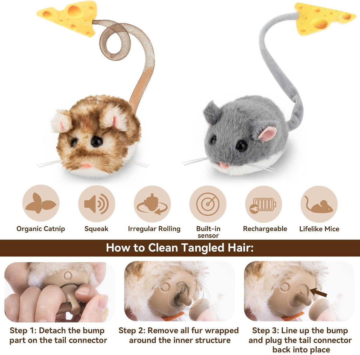 Migipaws Interactive MigiMouse Cat Toy Set, 360° Rolling Spinning Plush Mice, Rechargeable Cat Toys with Smart Motion Se