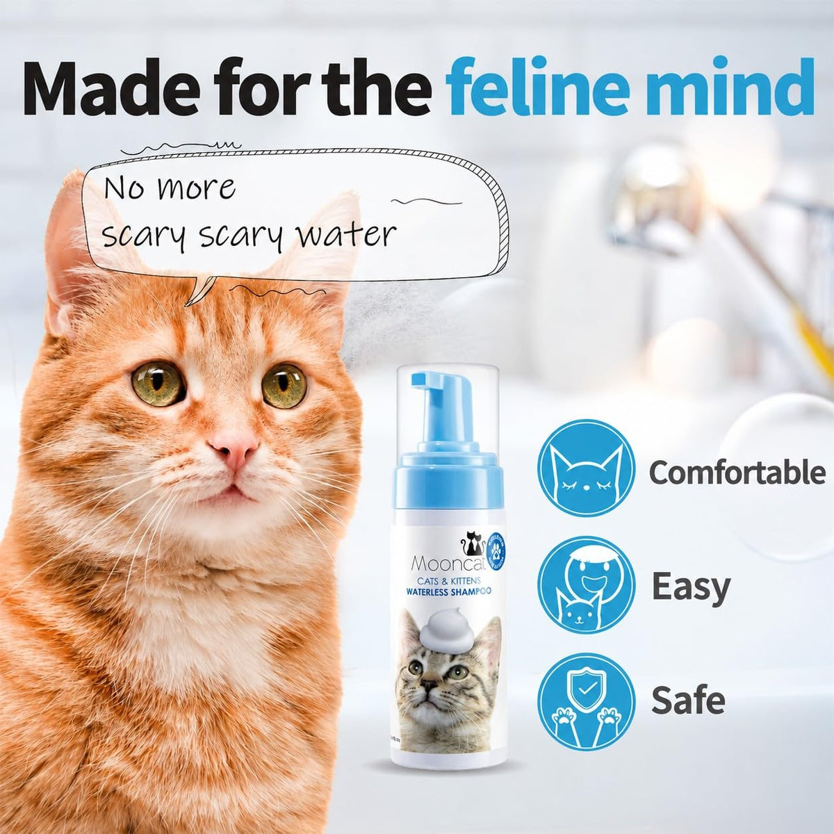 Mooncat Waterless Cat Shampoo, Short Hair Cats, No-Rinse Lick Safe Foam