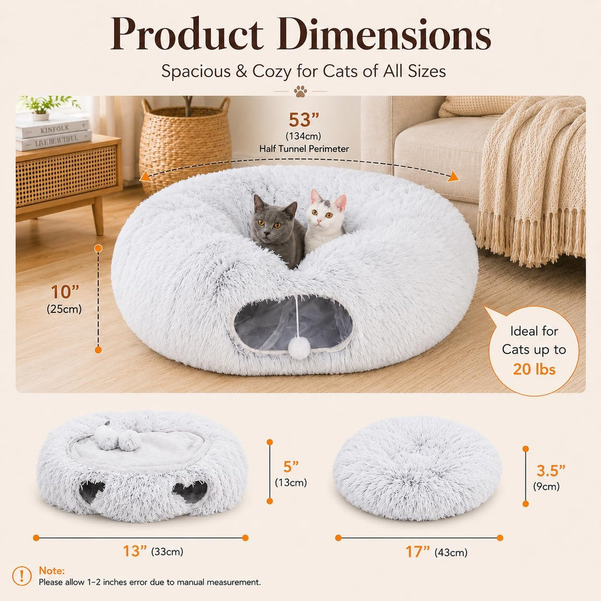 Fluffy Cat Tunnel Bed Under Christmas Tree, Plush Warm White