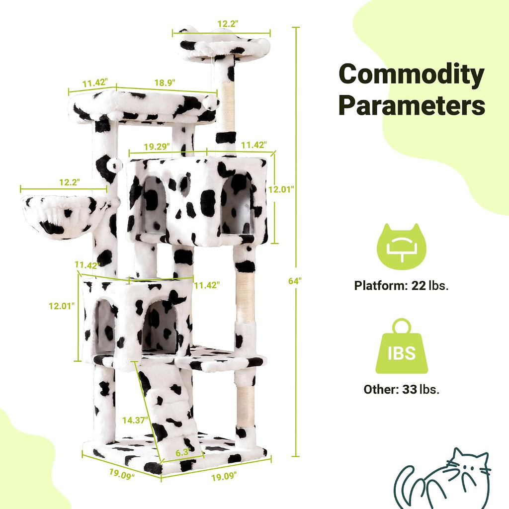 Allewie 64 Inches Multi-Level Cat Tree Tower for Indoor Cats, Cow Print