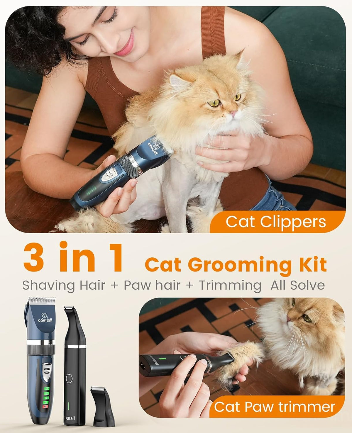 oneisall Cat Clippers and Paw Trimmer 3 in 1 Cat Grooming Kit