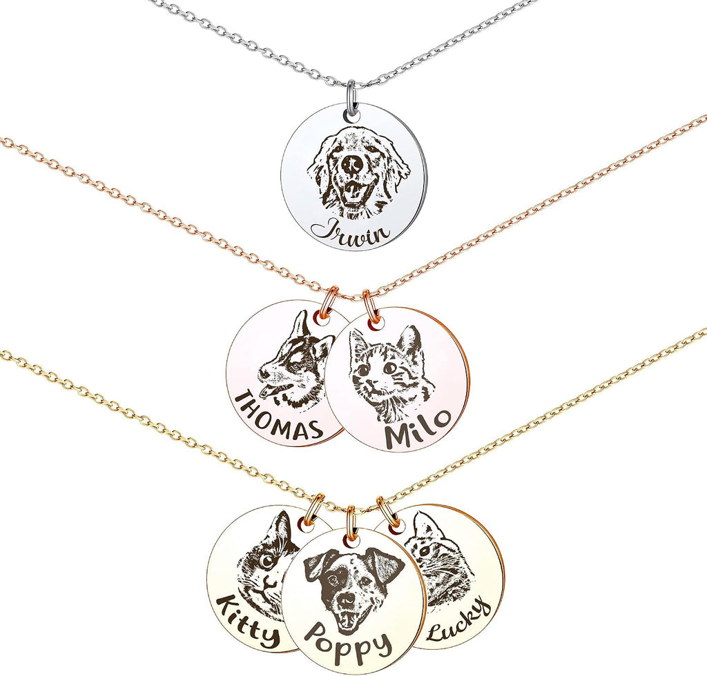 Anavia Personalized Pet Portrait Necklace, Handmade Memorial Jewelry Gift, Custom Round Disc Photo Engraved Necklace for