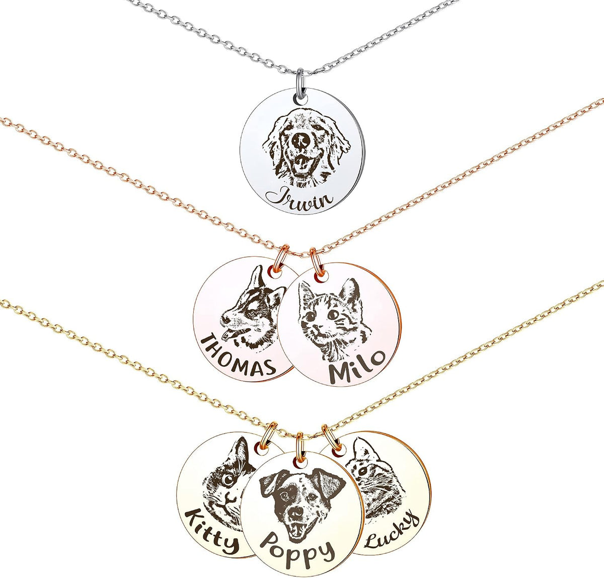 Anavia Personalized Pet Portrait Necklace, Handmade Memorial Jewelry Gift, Custom Round Disc Photo Engraved Necklace for